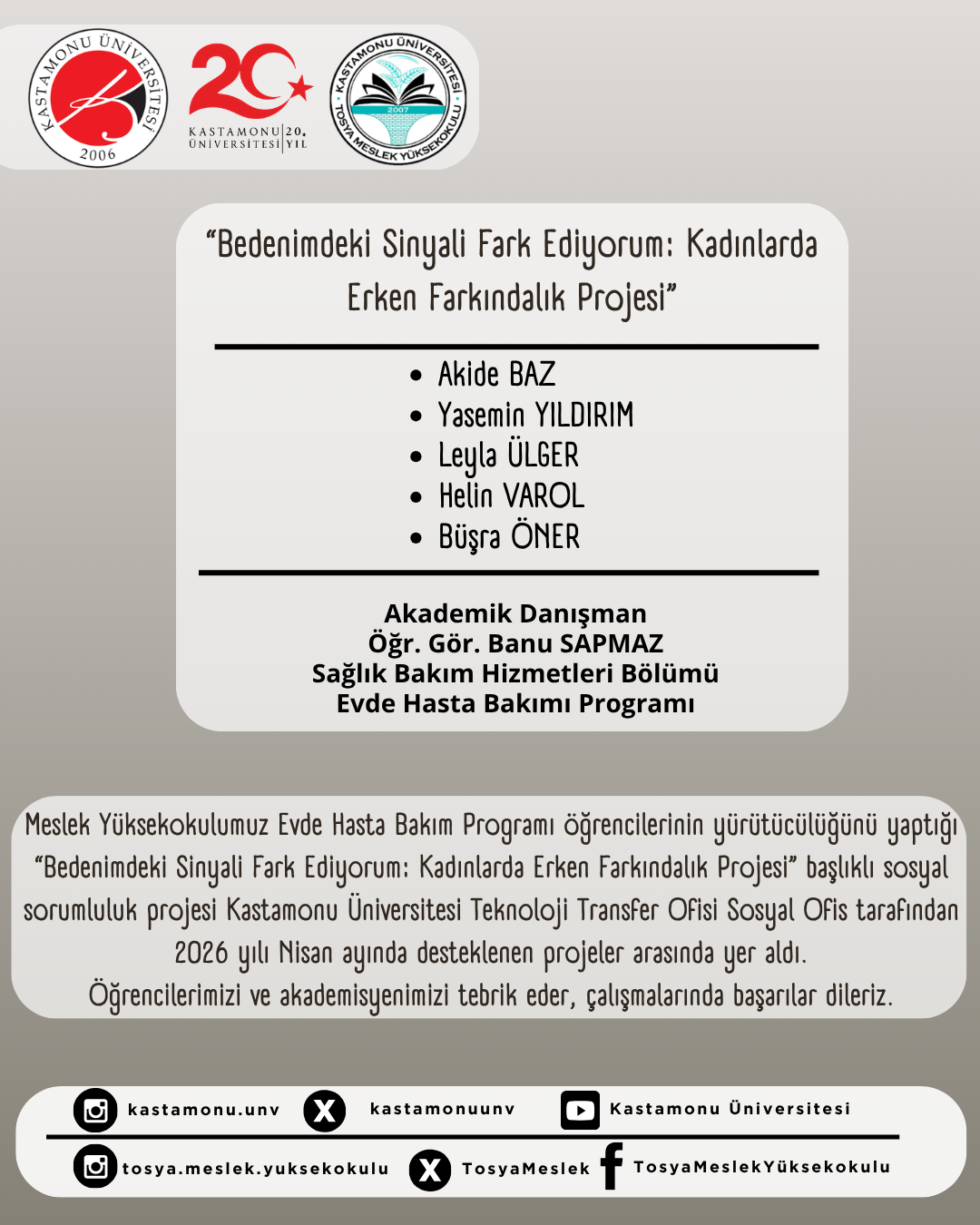 Meslek Yüksekokulumuzun Sosyal Sorumluluk Projelerine Destek
